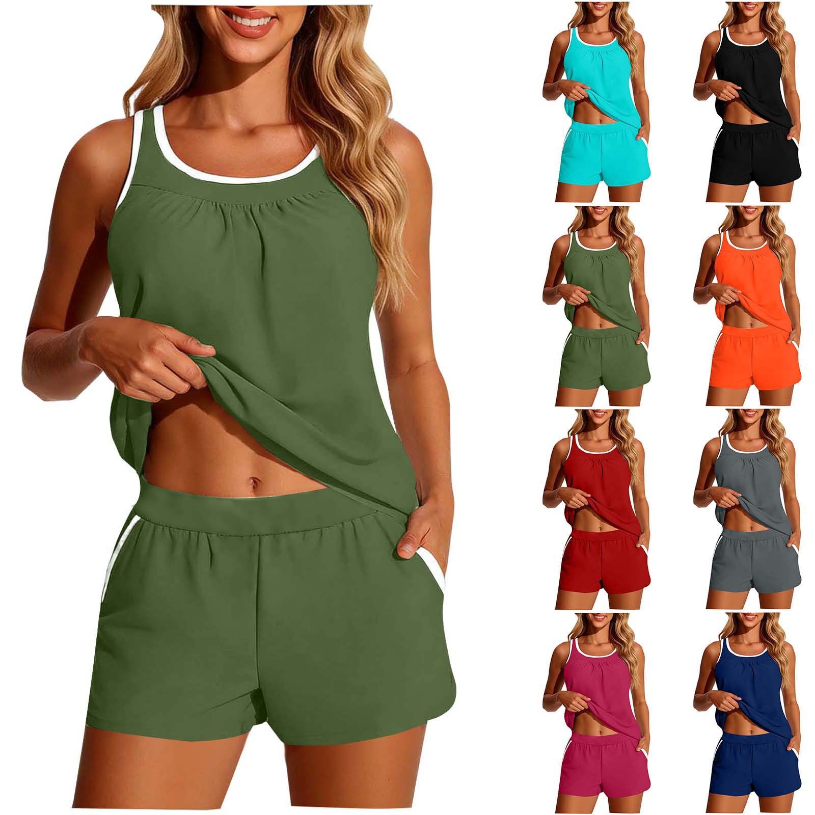 Tops - Women's 2-piece Swimwear Sleeveless Cropped Tankini