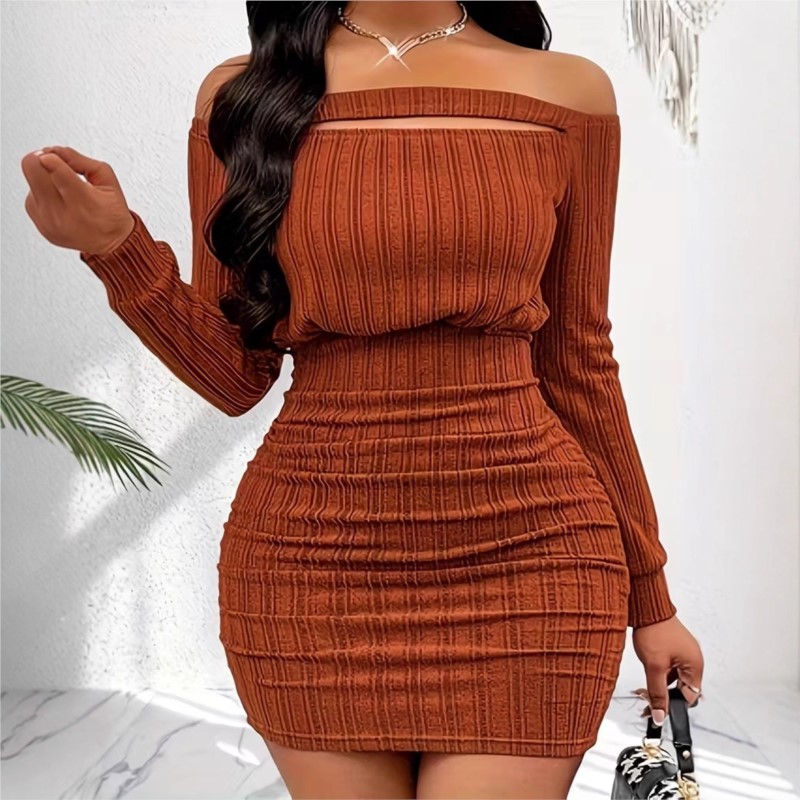 Bodycon Long Sleeve Ribbed Dress - Women's Fashion Dress Spring Autumn Elegant