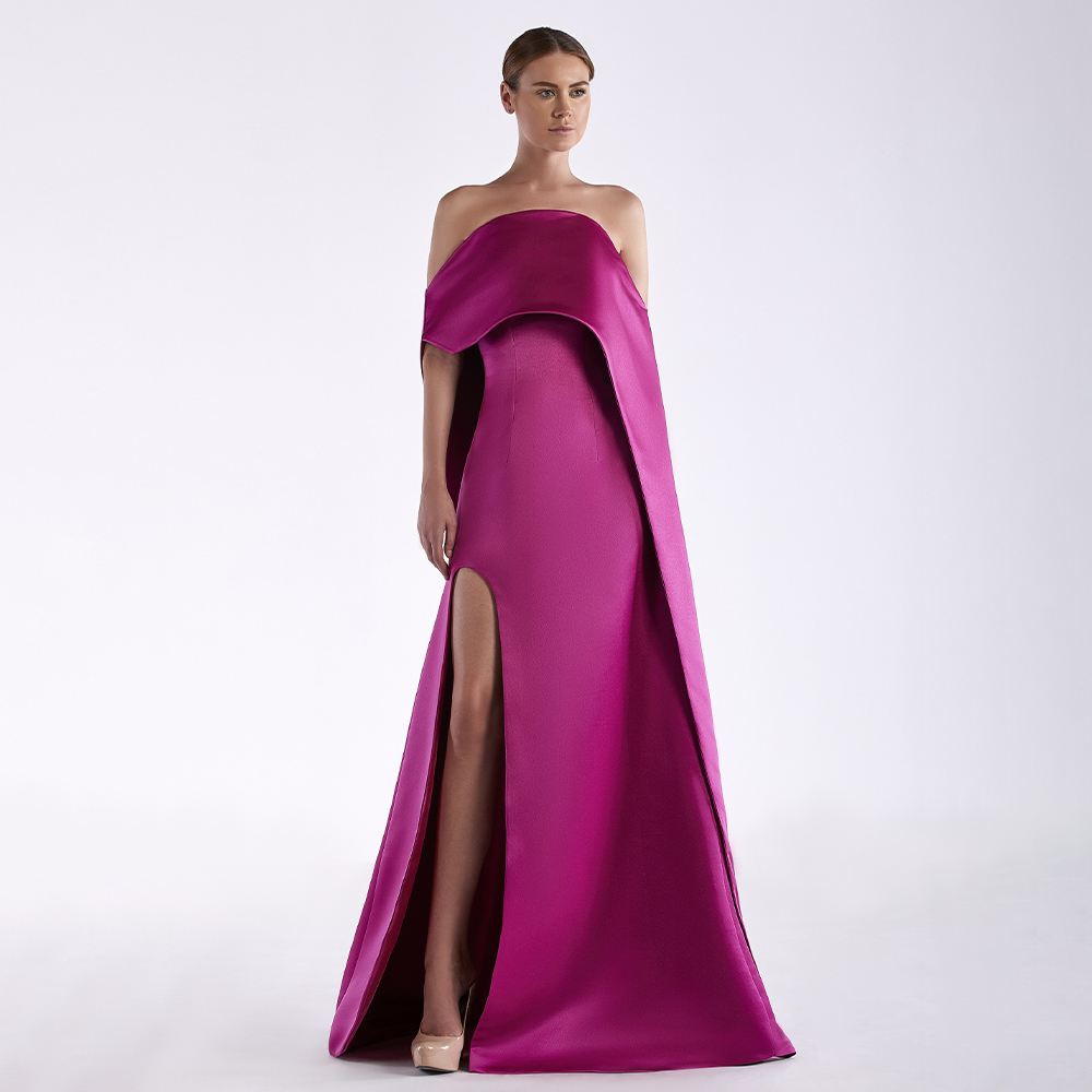 Elegant Satin Evening Gown Split - Fuchsia Satin Evening Dress Strapless Side