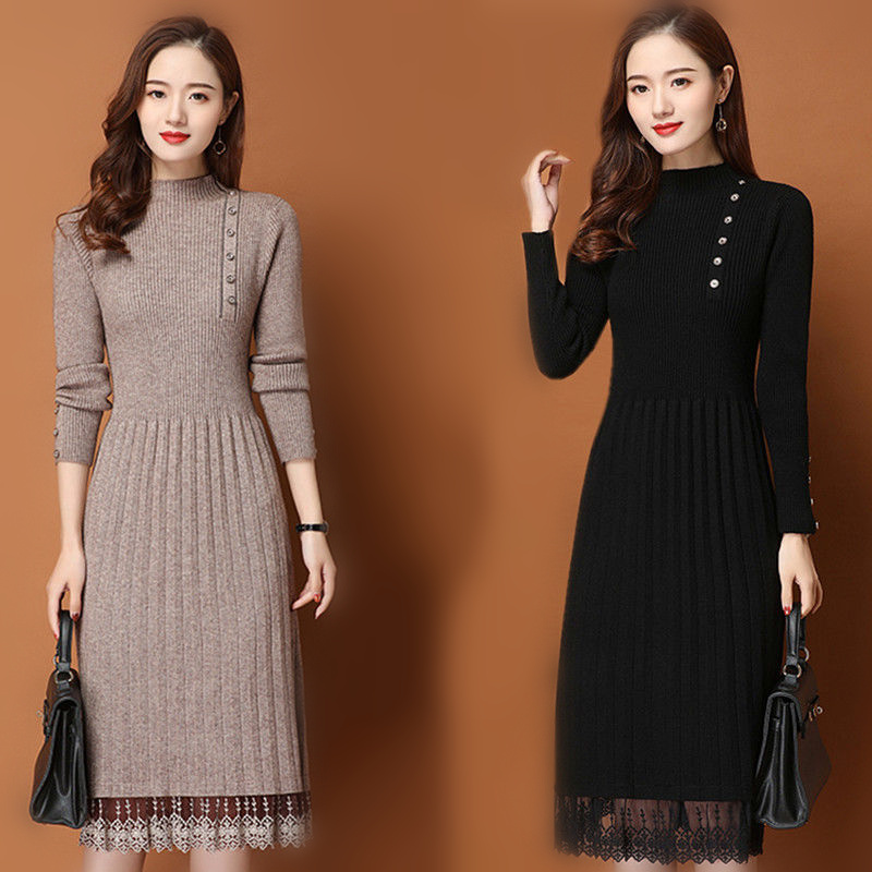 Bodycon Long Sleeve Ribbed Dress - Đầm Ren Viền Nút Nữ Thu