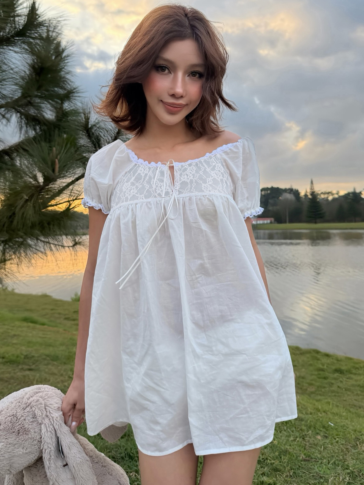 White Off Shoulder Lace Babydo - đánh giá và giá Off Shoulder Puff Sleeve Sundress