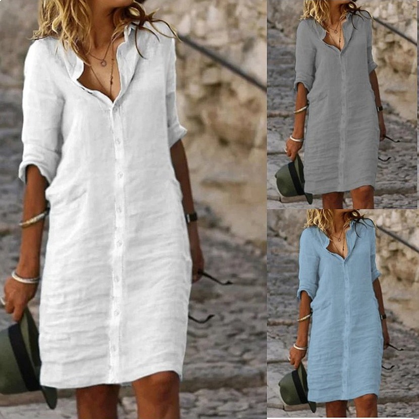 Loose Fit Button Down Midi Shi - đánh giá và giá Casual Loose Linen Shirt Dress