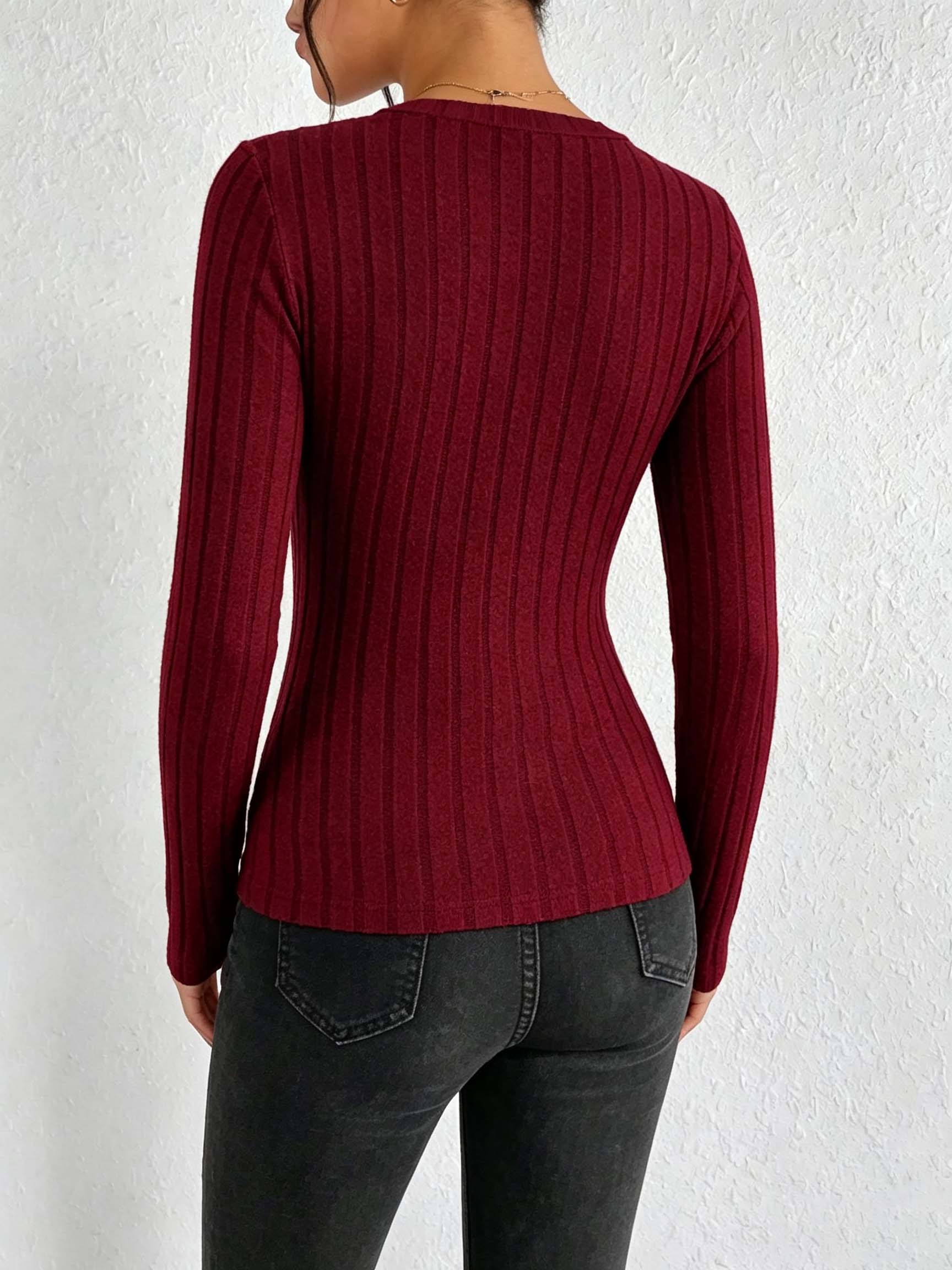 Women Solid V‑Neck Ribbed Knit - đánh giá và giá Blouses