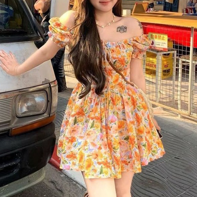 Womens Orange Floral Print Off - đánh giá và giá Off Shoulder Puff Sleeve Sundress