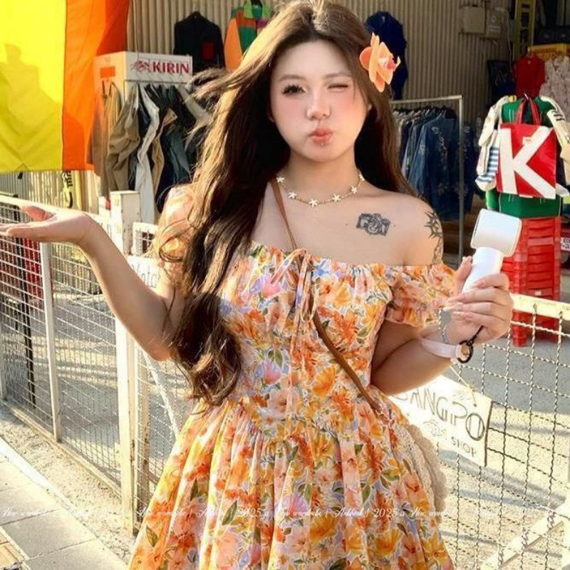 Womens Orange Floral Print Off - đánh giá và giá Off Shoulder Puff Sleeve Sundress