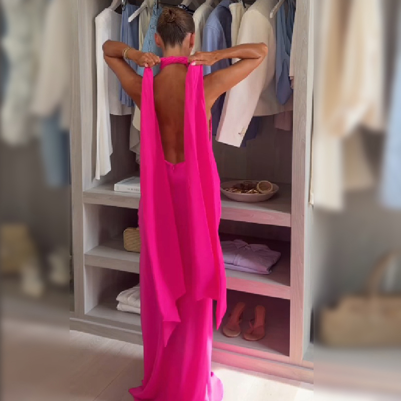 Women Halter Satin Maxi Dress  - đánh giá và giá Elegant Satin Evening Gown Split