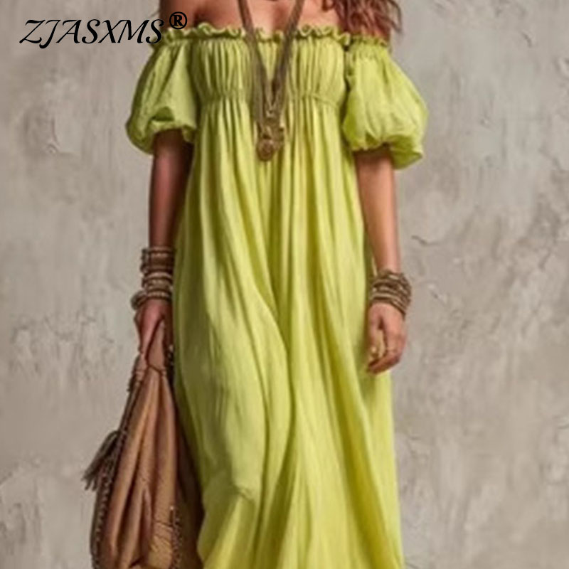 Women Elastic Waist Casual Vac - đánh giá và giá Off Shoulder Puff Sleeve Sundress