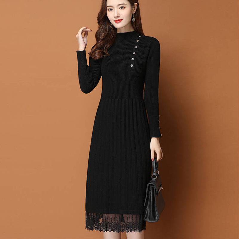 Đầm Ren Viền Nút Nữ Thu Đông Á - đánh giá và giá Bodycon Long Sleeve Ribbed Dress