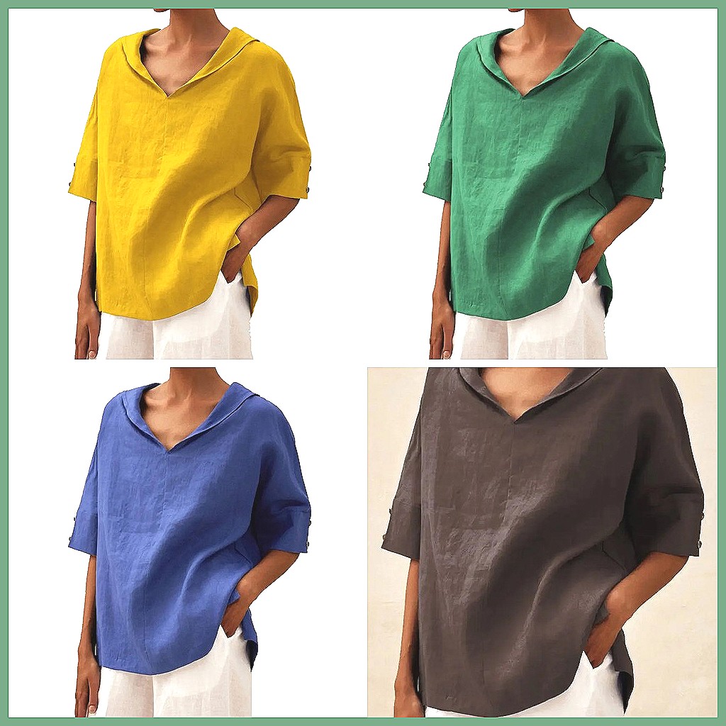 Women's Loose V-Neck Cotton Li - đánh giá và giá Blouses