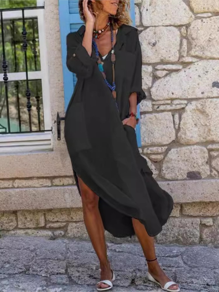 White Women's Shirt Dress Soli - đánh giá và giá Casual Loose Linen Shirt Dress