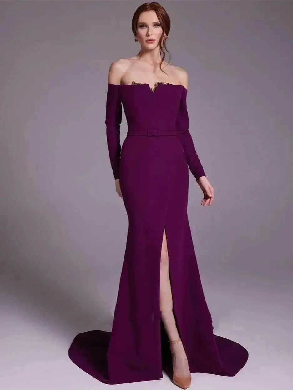 Elegant Purple Satin Off-the-s - đánh giá và giá Elegant Satin Evening Gown Split