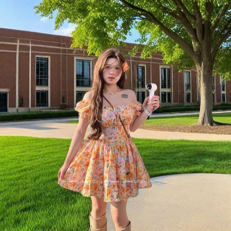 Hotsale Orange Floral Print Of - đánh giá và giá Off Shoulder Puff Sleeve Sundress